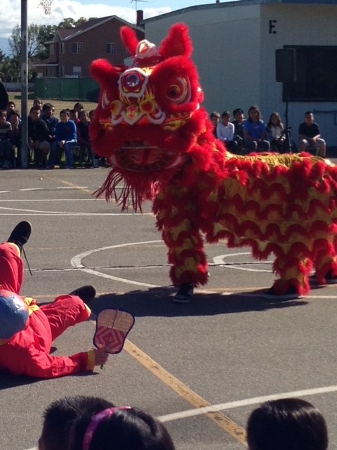 Students are entertained by dragon dancers during the school's cultural assembly!